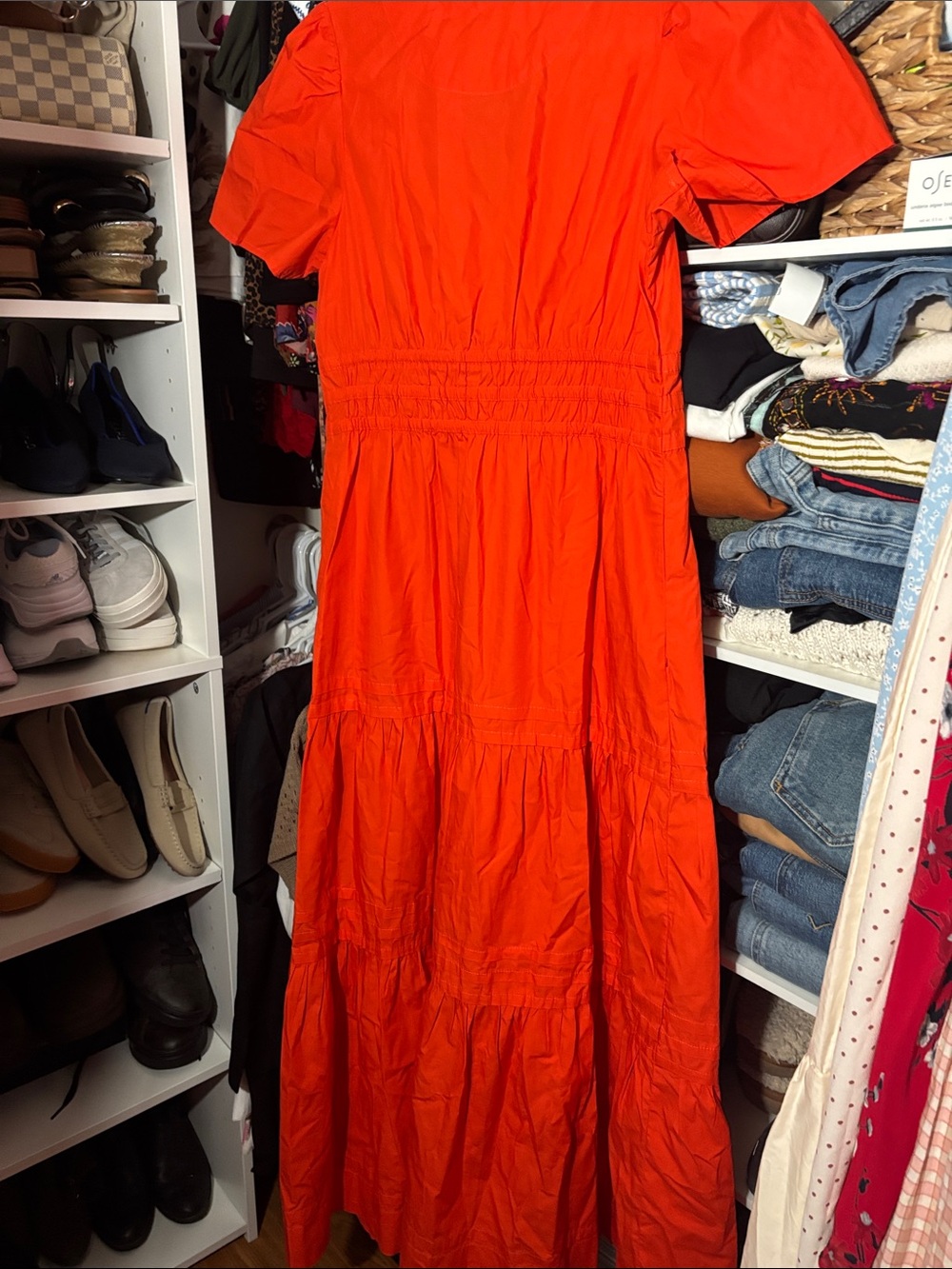 Quince Bright Red vermillon Tiered Puff-Sleeve Maxi Dress - Picture 5 of 13